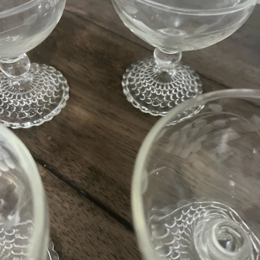 ElSet of 6 Vintage Etched Glass Sherbet Dessert Coupes | Hobnail Pedestal Base